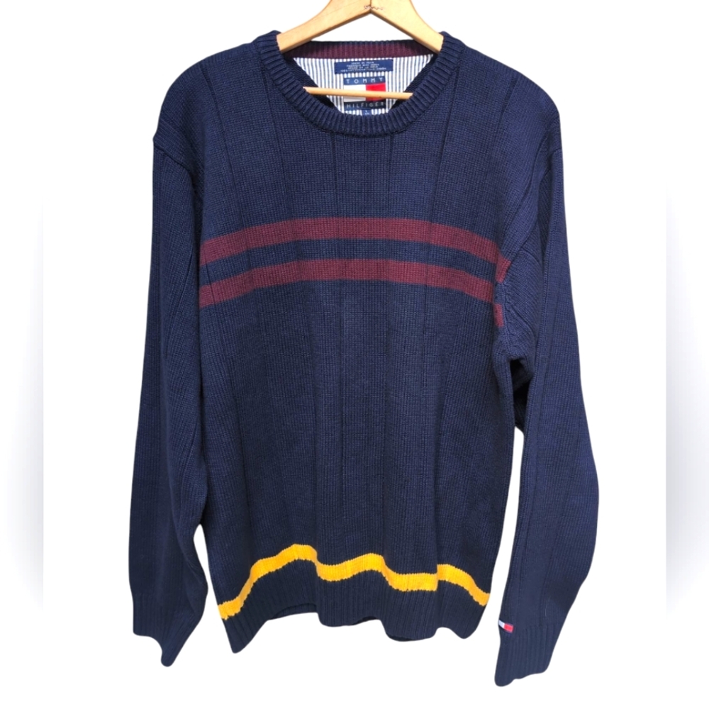 90's Chunky Knit Tommy Hilfiger Navy Crew Neck Sweater Preppy Men's Size LARGE